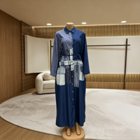 Nouvelle Robe Africaine en Jean Imprimé pour Femme, Élégante, à Manches Longues, avec Patchwork, Ceinture, pour le Bureau et le Quotidien, Style Kaftan