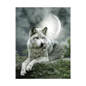 Dieren Serie 5d Diamond Painting Witte Wolf Onder Maanlicht Indoor Muur Kunstdecoratie Fabriek Directe Verkoop Diy Ambachten