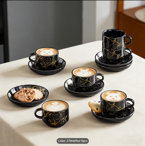 Bulk Black Gold Marble Stackable Coffee <b>Cup</b> Saucer Set Metal Rack 270ml 6pcs Ceramic Mugs Custom Logo Cafe Hotel Supermarket - Product Image 1