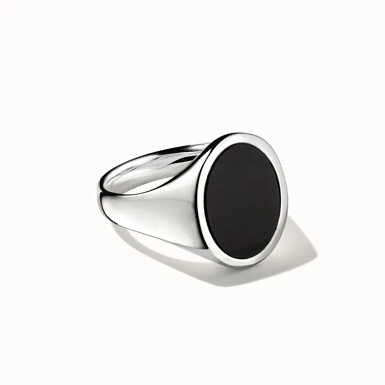 Wholesale 925 Sterling Silver 14K 18K Gold Plated Vermeil Oval Gemstone Black Onyx Signet Jewelry Ring for Women Men