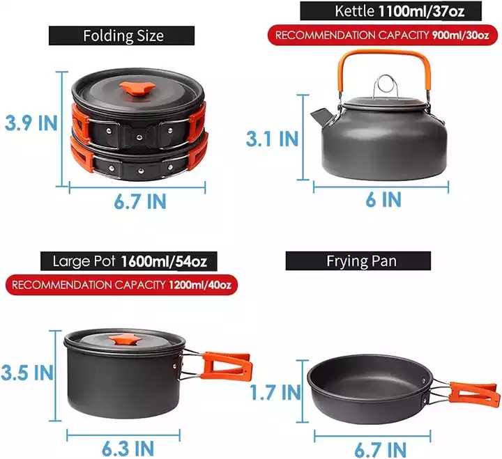 Camping Cookware Kit Outdoor Aluminum Cooking Set For 2 To 3 People Non Stick Folding Camping Pans And Pots Travelling Camping Hiking Picnic BBQ Orange - View #2