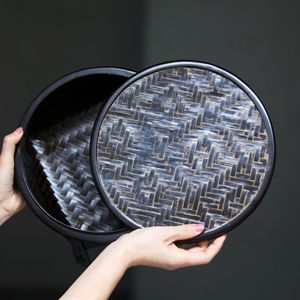 <b>Bamboo</b> Woven Storage Basket Round Black And Yellowish Brown Tea Set <b>Container</b> Living Room Use - Product Image 2