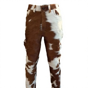 Pantalon en cuir de vache véritable pour homme et femme, style western, en cuir de vachette à poils, marron et blanc taché, coupe ajustée - Product Image 1