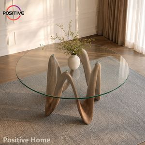 Mesa de Comedor Redonda Moderna de Lujo con Tapa de Vidrio, Base Ondulada de Madera Sólida, Mesa de Cocina Artística Escultural, <span class=keywords><strong>Muebles</strong></span> para el <span class=keywords><strong>Hogar</strong></span> - Product Image 2