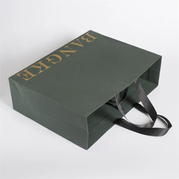 Custom Brand Design Logo Special Paper Dark Green Gift Bags Gold Foil Shopping Bag For Shoes And Clothing