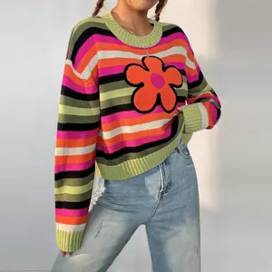 Venta caliente multicolor cuello redondo manga larga suéter personalizado de alta calidad 100% acrílico caída hombro suéteres para mujeres