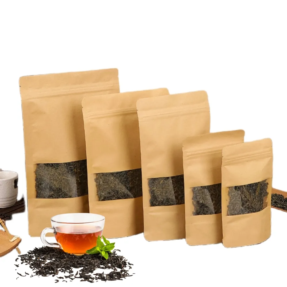 Brown Loose Tea Black Tea Moisture-Proof Bag Pouches Stand Up Pouch With Window Kraft Paper Bags Stand Up Zip Lock