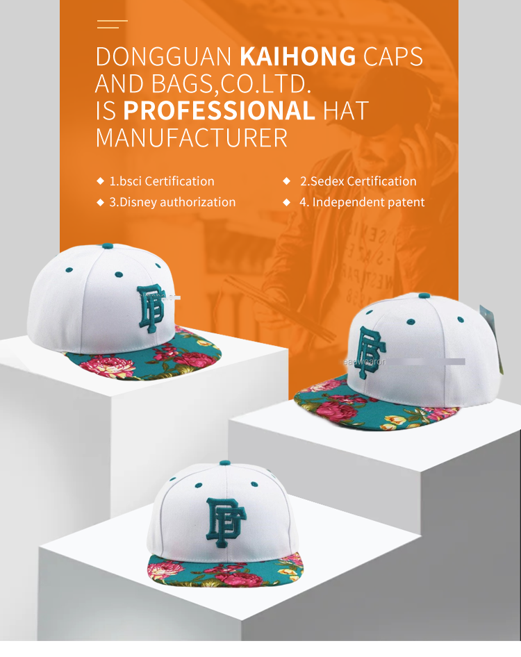 Flowers Image Printed Brim Snapback Cap With 3D Embroidery Logo
