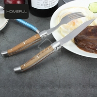 Ensemble de couteaux à steak de style Laguiole à manche en bois d'olivier, 2 pièces, ambidextres, compatibles lave-vaisselle, lames de 4,5 pouces, couteaux à steak et fourchettes