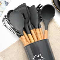 Ensemble de 12 pièces ustensiles de cuisine en silicone avec manche en bois de hêtre épaissi spatule à long manche passoire fournitures d'outils de cuisson