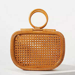 Trending Summer Fashion Accessory Handmade Rattan Cane <b>Webbing</b> Handbag Vintage Wicker Purse with Round Handle for Ladies - Product Image 1