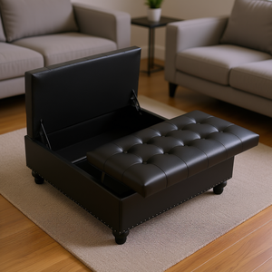 Pouf carré noir en cuir avec rangement, table basse 34-37 pouces pour salon, design moderne et contemporain - Product Image 2