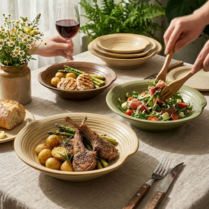 Juego de Vajilla Rústica de Cerámica Estilo Natural, Tazón de Cerámica Texturizada con Asa, para Ensalada, Carne, Pasta, Cocina Casera, Restaurante - Product Image 2