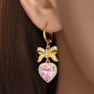 Pendientes de Aro Colgantes con Lazo y Piedra de Corazón Rosa de Circonita Cúbica Chapados en Oro para Mujer, al por Mayor, de Moda - Product Image 2