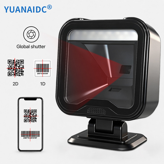 YUANAIDC 1D 2D Desktop Barcode Scanner USB Wired QR Code Reader Omnidirectional Hands Free Scanner for Supermarket POS