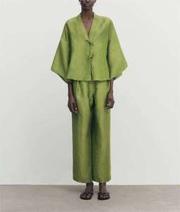 Wholesale <strong>Women</strong> Summer <strong>Blouse</strong> Bow Embellished <strong>Linen</strong> Kimono Style <strong>Blouse</strong> Wide Sleeves V-neck <strong>Linen</strong> <strong>Blouse</strong> - Product Image 2