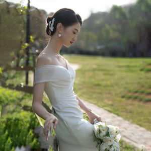 Off The Shoulder Sweetheart Neckline Mermaid Wedding Dress White Satin Simple Forest Style With Short Train For Coming Of Age - Product Image 2