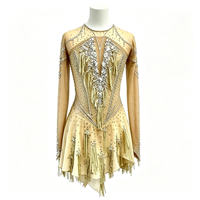 Robe de patinage artistique à manches longues Champagne avec franges et strass, dos ouvert, pour filles et femmes adultes