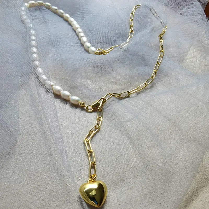 Высокое качество винтажное Латунное медное позолоченное ожерелье свитер цепь настоящий пресноводный жемчуг сердце кулон ожерелье