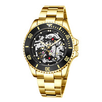 Montre-bracelet automatique pour homme, boîtier doré, cadran squelette noir, lunette rotative, bracelet en acier inoxydable, montre décontractée