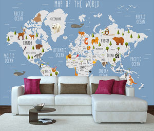Papel Tapiz Moderno Impermeable con Mapa del Mundo de Dibujos Animados para Niños, Mural Educativo con Ilustraciones de Animales para Decoración de Cuarto de Niños, Baño y Dormitorio - Product Image 2