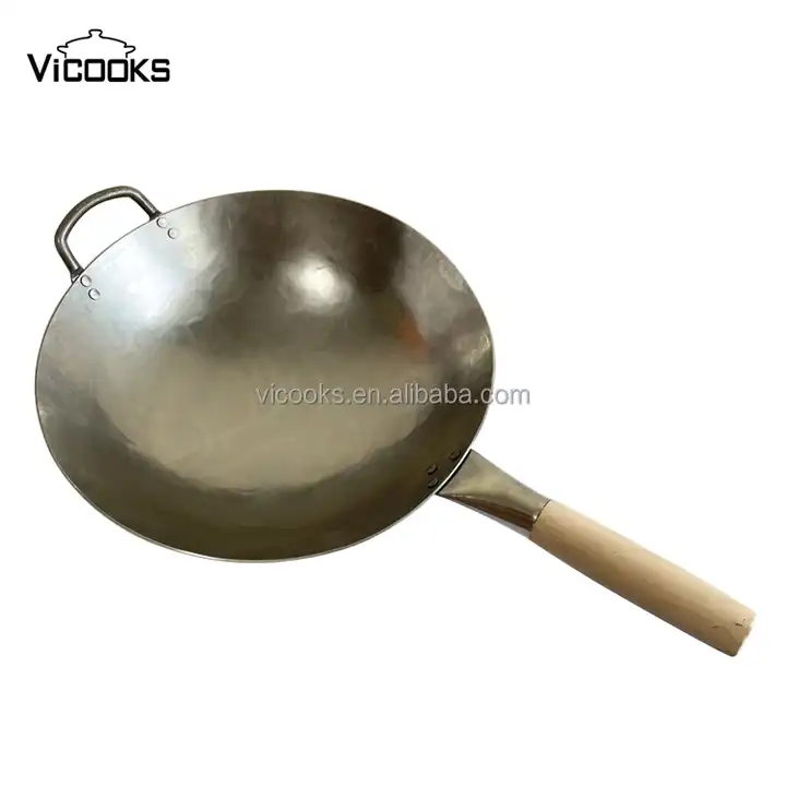 Hand Made Commercial Carbon Steel Hammered Big Wok Pan with Wooden Handle