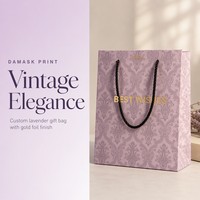 Maßgefertigte Lila Damast Geschenktüte Vintage Blumenmuster Einkaufstasche mit Schwarzem Seilgriff Goldfolie