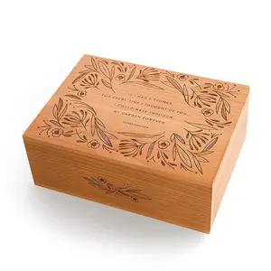 BSCI factory Wooden Gift Boxes Laser Engraving With Flowers and Leafs Custom Jewelry Case Keepsake Box