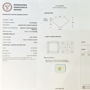 Лабораторно выращенный бриллиант, сертифицированный IGI, HPHT/CVD, фантазийный интенсивно-желтый, огранка «кушон», синтетический бриллиант - Product Image 6
