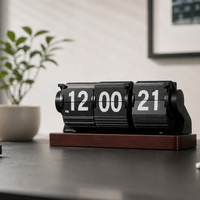 USB-C Aufladbare Li-Batterie Auto-Desktop-Flip-Uhr mit Holzsockel, Timer/Wecker/Kalender, Retro Vintage Design # HY-D006-W