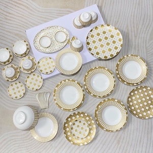 Wholesale 41pcs European Style Porcelain Dessert Plates and Golden Checkered Luxury Bone China Dinner <b>Sets</b> - Product Image 1