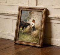 Tableau mural vintage encadré or, Fille nourrissant une vache, Impression sur toile style rustique Cottagecore Ferme, Échantillons OEM ODM prêts en moins d'une journée