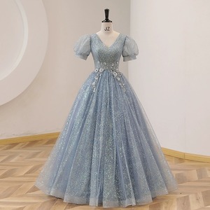 Princess Evening Gown <b>Light</b> Blue V-<b>neck</b> Empire Waist Ball Gown Floral Print Spring Formal Dress - Product Image 2