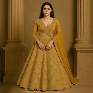 Lehenga Choli de mariée jaune moutarde, richement brodé avec des sequins dorés et un dupatta assorti, idéal pour les fêtes de mariage |   Prier - Product Image 1