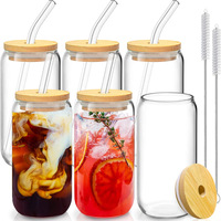 4 Pack 6 Pack 16oz 18oz Set isi 6 dan 4 Gelas Bir Bentuk Kaleng Transparan, Gelas Tumbler Bentuk Kaleng dengan Tutup Bambu dan Sedotan