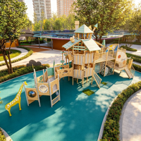 Structure de jeu en bois sur le thème de la forêt, aire de jeux commerciale pour enfants avec toboggan en spirale et filet d'escalade en corde pour parc d'attractions public