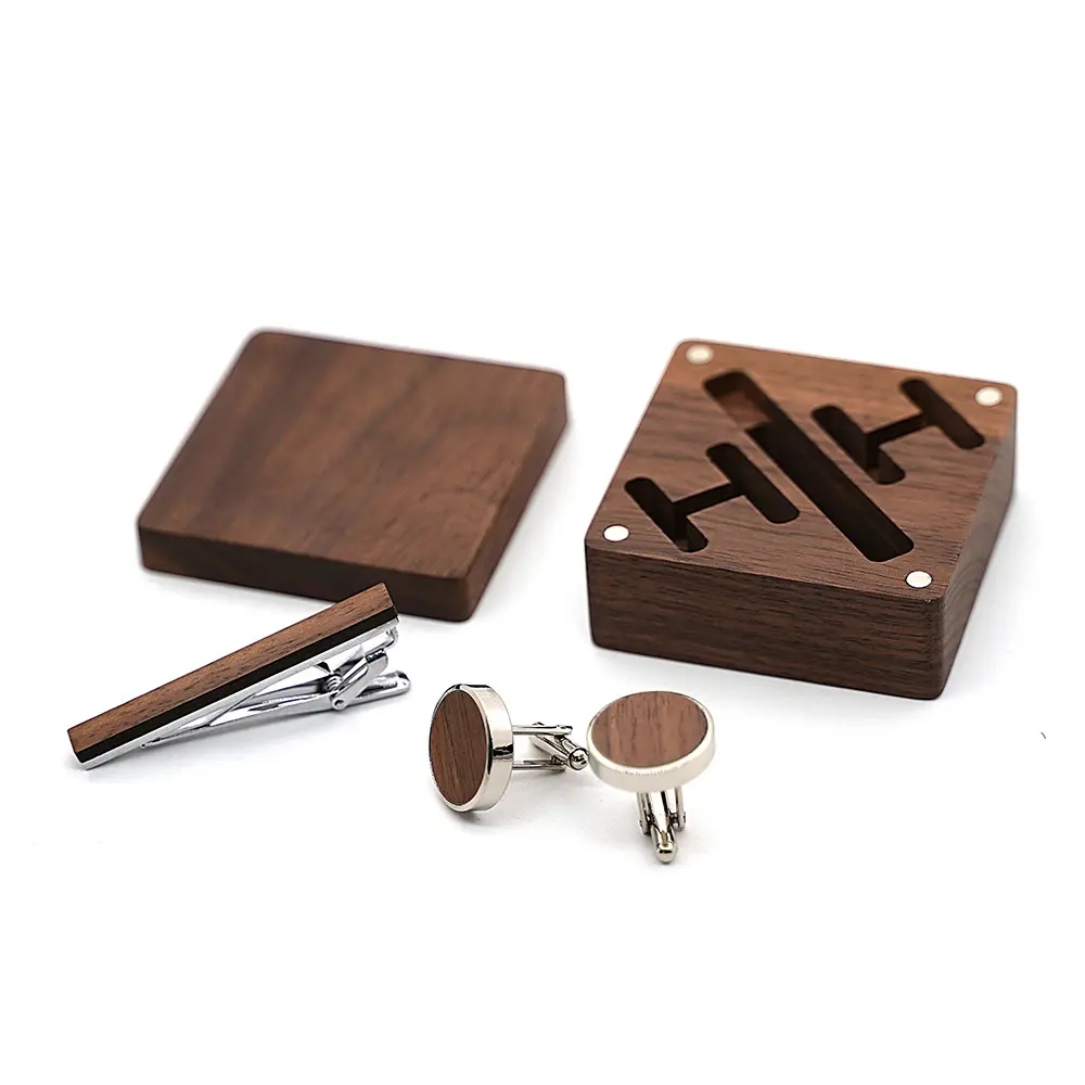 Wholesale Black Walnut Solid Wood Cuff Links Box with Cufflinks and Tie Clips Set for Men as Travel Anniversary Birthday Gifts