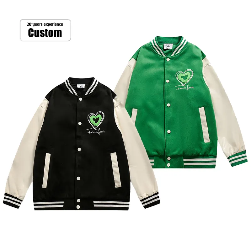 Trendy Heart Embroidered Baseball Uniform Polyester Jacket Loose Casual Leather Sleeves Jacket