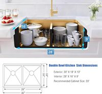 Évier de cuisine 30"x18" doré brossé à encastrer, double bac 50/50. Plan de travail profond en acier inoxydable SUS304 de calibre 16