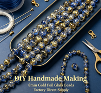 Perles en verre rondes de 8 mm en vrac, motif floral écrasé, feuille d'or, incrustées de paillettes dorées, pour bracelet et collier DIY