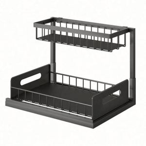 Double Tier Metal Under Sink <b>Storage</b> Cabinet with Pull-Out <b>Rack</b> for Bathroom and <b>Kitchen</b> Sink Organizer - Product Image 1