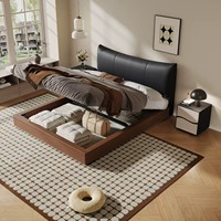 Cadre de lit de rangement en cuir à ailes courbées, plateforme basse en bois de noyer, éclairage LED sous le lit, base relevable et tiroir, OEM personnalisé