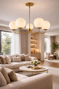 Elegant Mid Century Modern 5 <b>Light</b> Brass Sputnik Linear Chandelier With Frosted Glass Globe Shades Ceiling Pendant <b>Light</b> - Product Image 4