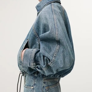 OEM Wholesale Vintage Loose Washed Button Casual Breathable Eco-Friendly Autumn Winter <b>Denim</b> <b>Jacket</b> Frayed Hem Long Sleeves <b>Crop</b> - Product Image 4