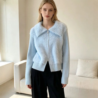 Cardigan en tricot doux pour femme avec empiècements en fausse fourrure de vison, col à revers, double fermeture éclair, manches longues, coupe courte, style pull ou manteau en tricot doux