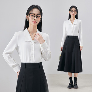 Women's White Shirt Black Skirt Set Long Sleeve Solid Color Anti-Wrinkle Professional Workwear Outfit - Product Image 1