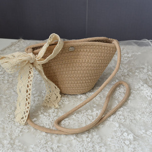Bolso tipo cubo, bolso bandolera de algodón tejido con paja, bolso de hombro, bolso versátil para mujer, bolso de playa, forma de corazón simple, mini y - Product Image 1
