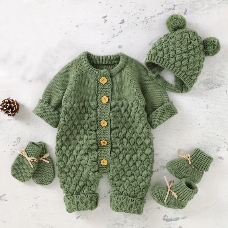 Baby Rompers Caps Clothes Sets Newborn Girl Boy Knitted Jumpsuits Outfits Autumn Winter Long Sleeve Toddler Infant Overalls 2pcs