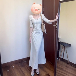 High Waist Lace Trim Sheath Dress Flower Gray Square Collar Long Dress For Women Autumn Fashion Style YX-9188 - Product Image 5