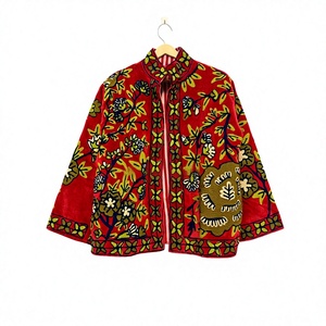 Women's <b>Red</b> <b>Velvet</b> Mandarin Collar Floral Embroidery Quilted Short Bomber Jacket Full Sleeve Autumn Woven - Product Image 1